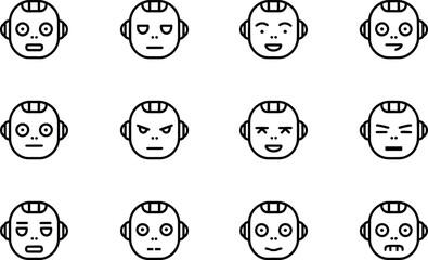 Twelve Robot Head Icons: Line Art, Diverse Emotions, AI Expressions