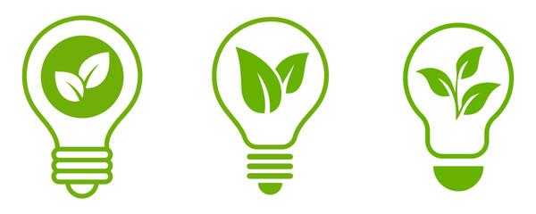 Sustainable ecological energy icon. Shining electric ecology light bulb with leaf inside. Go green lamp tube silhouette.