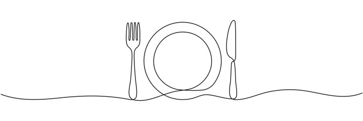 Continuous line drawing of fork, plate, knife. minimalist one line drawing of cutlery. single line vector illustration. isolated white background Editable stroke