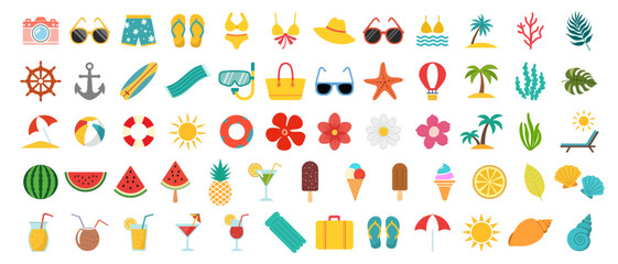 Set cute summer holiday beach elements icons. Hello summer lettering. Cartoon vector illustration. © Vasyl Yurlov