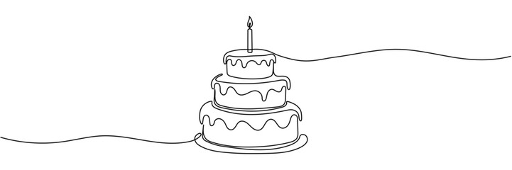 Continuous line drawing of a birthday cake with candle,Continuous Line Drawing of Happy Birthday Icon. Editable stroke