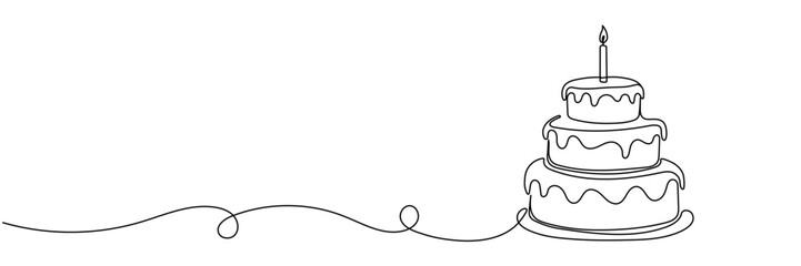 Continuous line drawing of a birthday cake with candle,Continuous Line Drawing of Happy Birthday Icon. Editable stroke