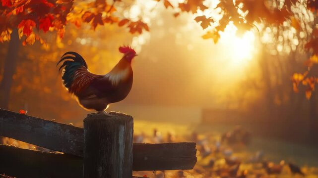 Rooster perched on wooden post, autumn leaves, and warm morning light