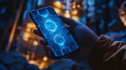 Person holding smartphone displaying glowing digital pattern at night.
