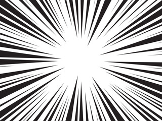 Obraz premium Radial lines comic background. Abstract speed explosion starburst flash backdrop. Sun rays black and white backdrop. Vector Illustration. 
