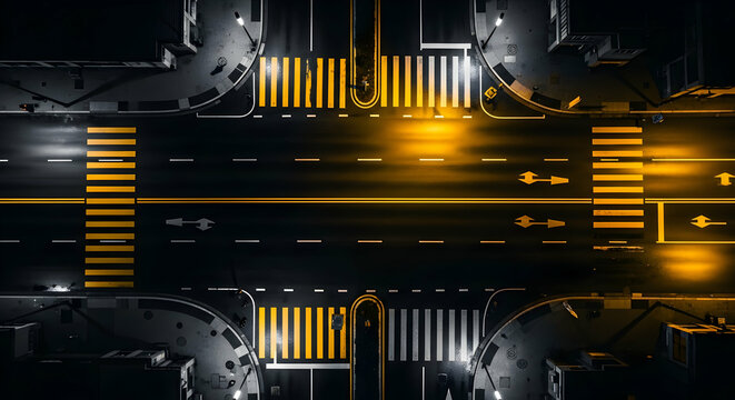 Aerial view of a city street intersection at night with vibrant yellow traffic markings and streetlights - Powered by Adobe