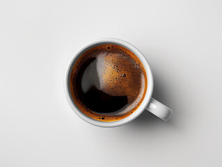 A minimalist top-down render of a white ceramic coffee mug filled with dark black coffee, centered on a clean white background, soft shadows and natural lighting, slight surface reflection on coffee, 