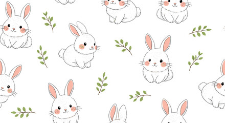 Adorable Kawaii White Bunny Rabbits with Green Leaves Cute Animal Pattern