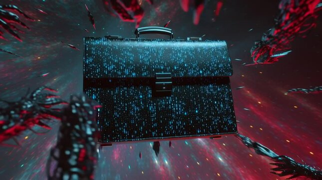 The Digital Guardian: A Sleek Black Briefcase Encased in a Storm of Binary and Red Data Fragments