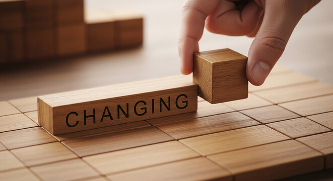 Wooden blocks forming word "changing", hand placing block, showcasing concept of transition and adaptation