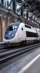 Naklejka premium Neon-lit train glides through a modern tunnel, featuring vibrant colors and a sense of speed in a high-resolution capture