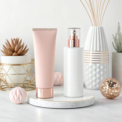 Elegant cosmetic products displayed with decorative elements and plants