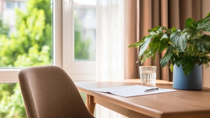 Fototapeta premium Cozy workspace with a wooden desk, chair, glass of water, and a potted plant by the window