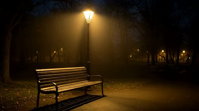 Park bench at night under a lamppost in the fog