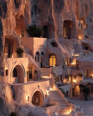 Cave hotel at sunset. Unique architecture carved into a cliffside. Warm, inviting lighting illuminates the dwellings.
