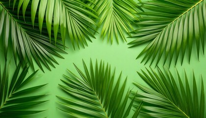 Bright green palm fronds arranged on a vibrant lime green background