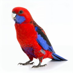 Obraz premium Vibrant crimson rosella perched gracefully, displaying vivid plumage on white background