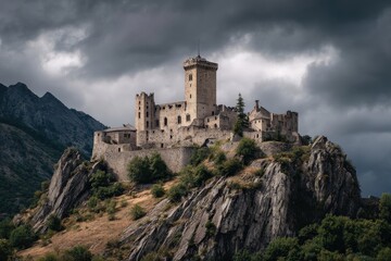 Majestic medieval castle perched atop a rocky mountain under a dramatic sky.