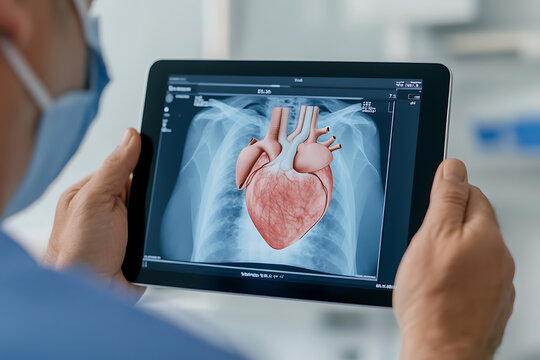 Medical Professional Analyzing Heart Scan: A masked healthcare worker reviews a digital image showing a heart and chest X-ray on a tablet in a clinical setting.