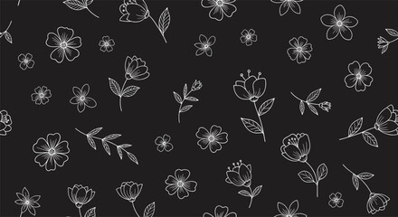 Delicate White Floral Illustrations on a Dark Background Botanical Pattern