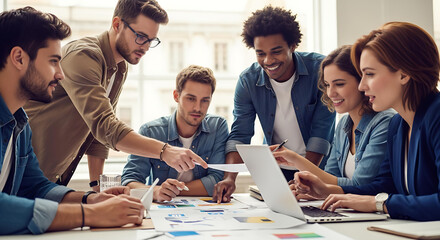 Diverse group of professionals collaborating enthusiastically around a table with documents and a laptop, fostering innovation and teamwork in a modern office setting.