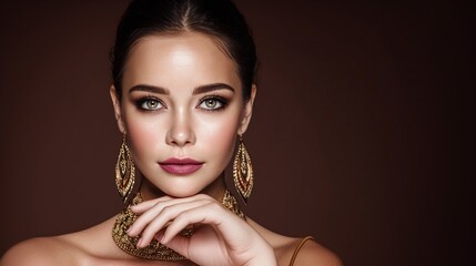 Striking woman with elegant makeup and jewelry. Gold earrings and necklace complement her features, creating a sophisticated and glamorous appearance.