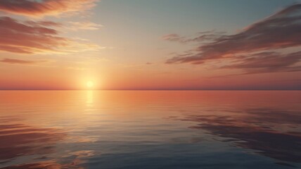 minimalist scene of a calm ocean during sunset, flat horizon, warm gradients of color in the sky, no human presence, peaceful and meditative atmosphere, ideal for backgrounds, wellness, and mindfulnes
