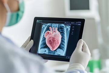 Cardiac Imaging Review: Healthcare professional examining a detailed X-ray of a heart on a digital tablet, ensuring patient care and diagnostic accuracy.