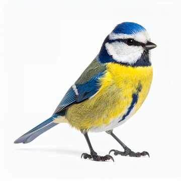 Vibrant blue tit avian portrait showcasing detailed plumage and sharp contrast, isolated on white background