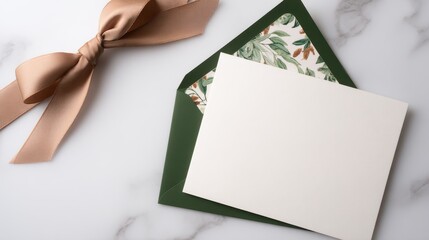Obraz premium Elegant envelope with a floral interior and blank card, adorned with a soft ribbon on marble