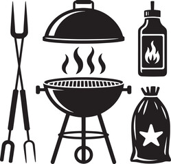 Barbecue grill with tongs sauce bottle and charcoal bag vector