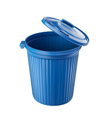 Blue trash can with lid open isolated on white or transparent background