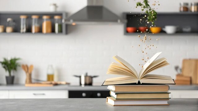 An open cookbook lies on a modern kitchen counter, with fresh green herbs gracefully falling onto its pages, symbolizing the vibrant connection between recipes