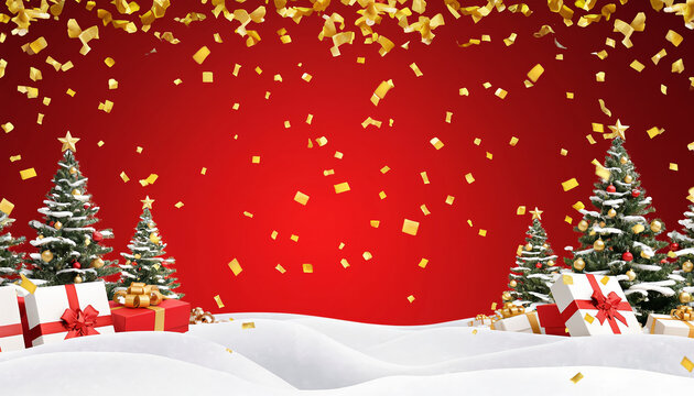 Christmas trees, gifts box in snow drift, golden confetti