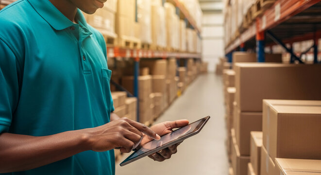 Close-up of a person in teal polo shirt using tablet in warehouse setting, surrounded by stacked boxes, showcasing inventory management or logistics