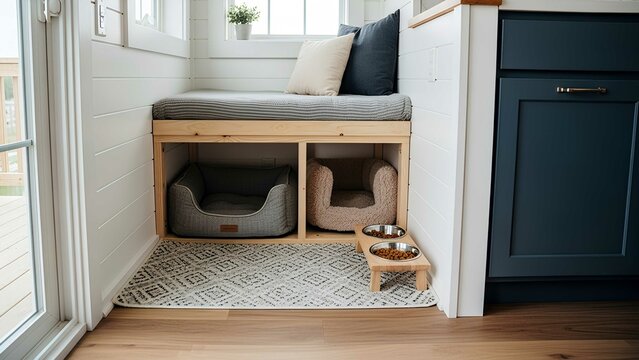 Cozy Pet Nook with Built-in Dog Beds and Dining Area, Maximizing Space in a Modern Home for Beloved Canine Companions, Creating a Comfortable and Stylish Retreat.
