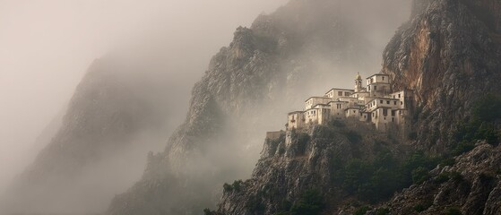 Fototapeta premium Misty mountaintop monastery. A serene, white building nestled in the clouds.