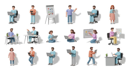 Cartoon people working at various desks and presentations, diverse poses and activities, digital illustration.