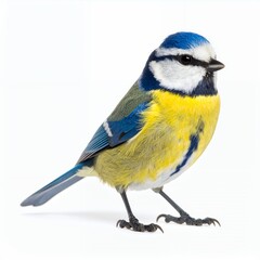 Naklejka premium Striking portrait of a eurasian blue tit with vibrant plumage in studio setting on white background