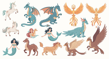 A collection of various mythical creatures, including dragons, unicorns, mermaids, and phoenixes, presented in a flat illustration style.