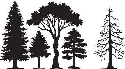 Fototapeta premium Tree Silhouette Vector Set: Pine, Evergreen, Deciduous, Forest, Nature, Plant, Wood, Outdoor, Environment, Landscape