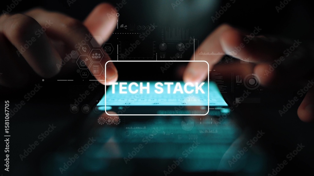 Poster hands interacting with smartphone displaying tech stack concept, digital technology and innovation b
