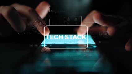 Hands Interacting with Smartphone Displaying Tech Stack Concept, Digital Technology and Innovation...