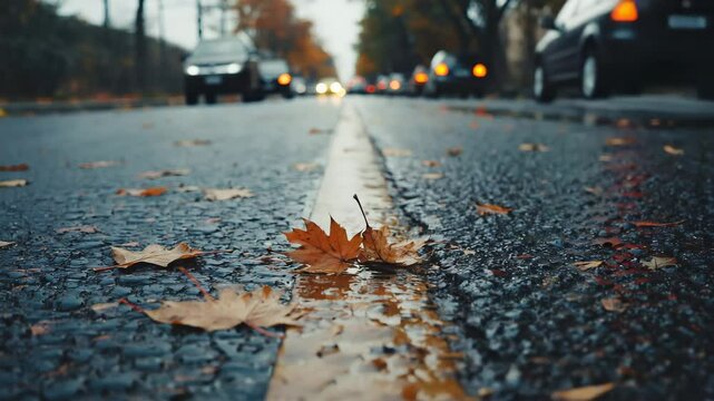 An extreme close-up focusing on a single, lonely autumn maple leaf on a wet road, with blurry cars passing in the background