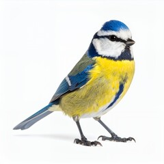 Fototapeta premium Eurasian blue tit bird showcasing vibrant plumage, perched elegantly on white background