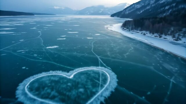 Frozen Heart on a Winter Lake - An aerial view captures a heart shape etched into the ice of a frozen lake.