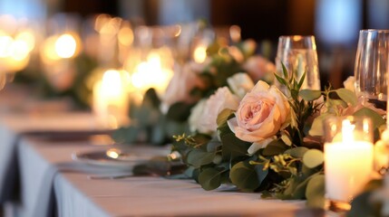 Obraz premium Elegant dinner setting with soft candlelight and floral centerpieces at a banquet table