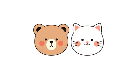 Naklejka premium Cute Bear and Cat Faces Adorable Animal Friends Together Digital Illustration
