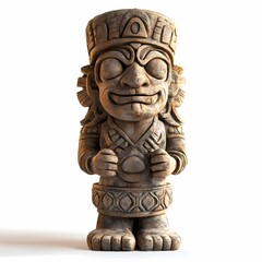 Stone carving of a smiling figure with intricate details from ancient culture showcases artistry