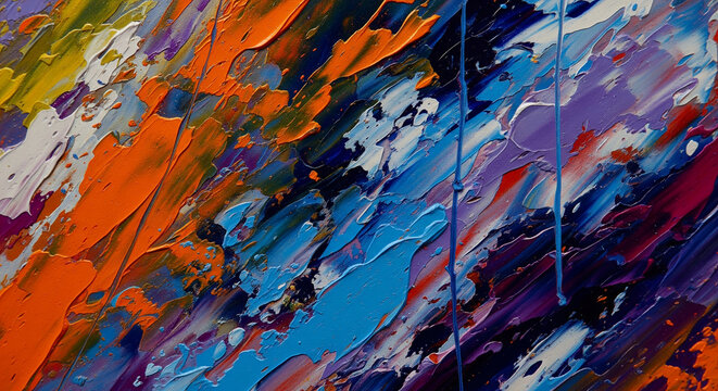 Vibrant blue, orange, purple paint texture with thick brushstrokes creating an abstract artwork, showcasing energy and movement, ideal for modern design